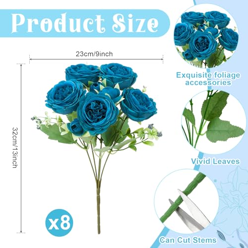 8 Pack Teal Peonies Artificial Flowers, Faux Floral Fake Silk Hydrangea Bouquet for Bridal Wedding Home Table Decor Reusable Dining Opening Ceremony Birthday Arrangement - color: Teal