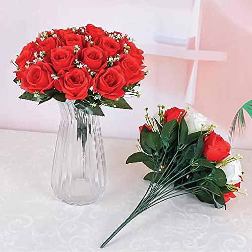 16" Artificial Silk Red Rose Bush with Gyp & Foliage 24 Flower Heads- Wedding Grave Home Decoration (1, Red) - color: Red