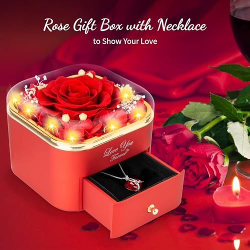 ENERLEAF Preserved Red Real Rose with Necklace Jewelry Box -Eternal Flowers Rose Gifts for Grandma Wife Girlfriend on Valentines Mothers Day Christmas Birthday Anniversary Romantic Gifts for Her - color: Red