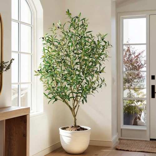 Tall Artificial Olive Tree Faux Trees Indoor Outdoor Realistic Floor Plant Large Fake Plants for House Modern Home Living Room Master Bedroom Office Front Porch Decor Outside Patio para decoracion - size: 5ft