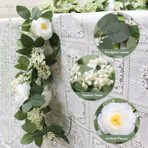 MAKHOT 2Pack White 6.6 Ft Eucalyptus Garland with Lovely Faux Rose Flowers, Artificial Eucalyptus and Rose Garlands Decor, Floral Greenery Garland for Wedding Home Table Decor (White) - color: White-2pcs