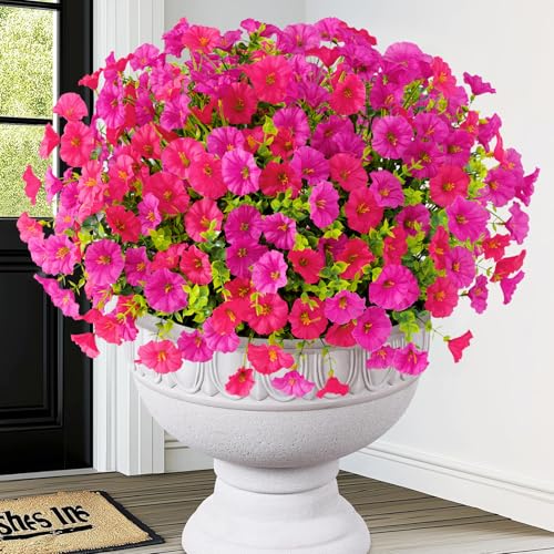 Artificial Flowers for Outdoors, 14 Bundles Fake Outdoor Flowers, UV Resistant Artificial Outdoor Plants & Flowers for Decoration, Colorful Morning Glory for Garden Porch Yard Patio, Fuchsia & Red - color: Fuchsia & Rose Red, size: 14 Bundles