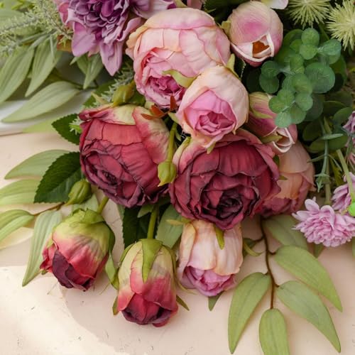17-inch Artificial Fake Flowers Silk Flower Arrangements Faux Bouquets with Roses, Tulips, Calliopsis, Dahlias, Hydrangeas, Sages, Dandelions, Eucalyptus and Berry Bead Branch - color: Lilac Whisper