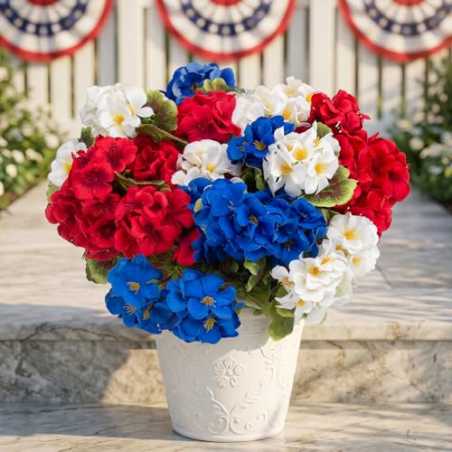 lovemoon 8 Pcs Artificial Geraniums Realistic Silk Patriotic Flowers, Red White Blue Faux Geranium Flowers for Outdoor Home 4th of July Office Decoration (8, Red White Blue) - color: Red, White, Blue
