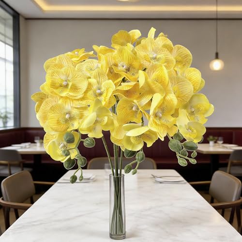 HCTCPALS Artificial Flowers for Outdoors 6 Pcs Orchids Plant Realistic Silk Fake Flowers for UV Resistant Faux Plants Outdoor Indoor Outside Front Porch Hanging Planter Decoration-38" Yellow - color: Orchid Yellow