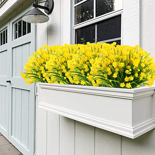 Outdoor Artificial Fake Flowers - 8 Bundles Plastic Flowers Outdoor Plants UV Resistant Faux Flowers for Indoor Outdoor Garden Hanging Porch Window Box Wedding Decor(Yellow) - color: Yellow, size: 8 Bundles