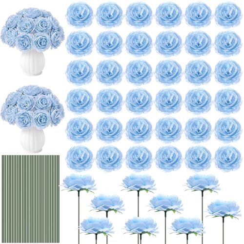 Thiccywoov 200 Pcs Flowers Long Stem Artificial Rose Bulk, 3.2 Inches Silk Rose Head Flowers Faux for Wedding Bridal Bouquet Independence Day Home Floral DIY Centerpieces Party Decoration (Light Blue) - color: Light Blue