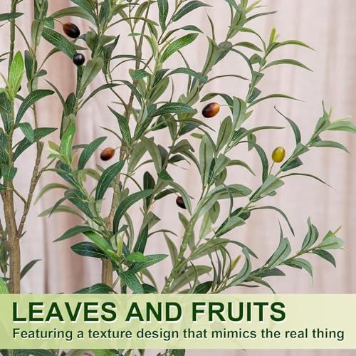 7FT Artificial Olive Tree Indoor with White Pot Tall Planter, Faux Olive Tree with Natural Wood Trunk and Lifelike Fruits for Home Office Living Room Decor - size: 7ft
