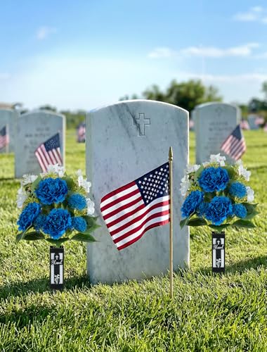Artificial Grave Flowers for Cemetery: 2 Pcs Memorial Day Flowers for Cemetery Grave Decorations - Fathers Day Outdoor Silk Blue White Peony Flower Bouquet with Vase for Gravesites - color: Blue & White