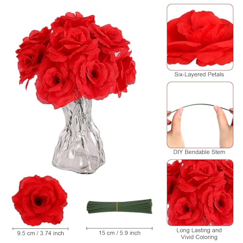 LELEE Rose Head Flowers with Stem - 108pcs Red Roses Artificial Flowers Bulk - Silk Rose Fake Flower for Wedding Bouquet Party Home Decor DIY Baby Shower Centerpieces Tables Decoration - color: Red Color
