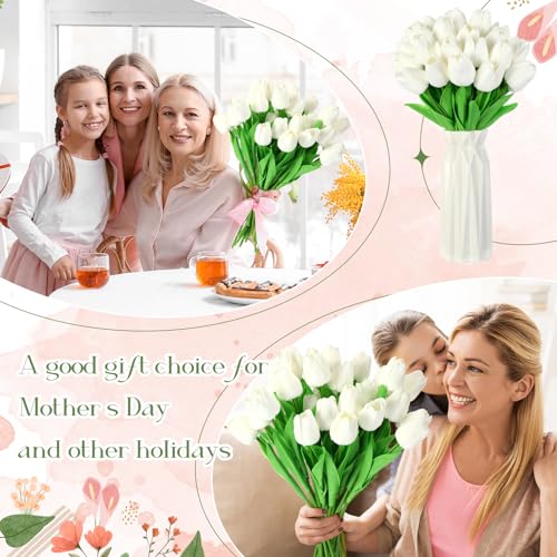 Lyrow 30 Pcs Tulips Artificial Bouquet Flowers Faux Tulips for Home Kitchen Wedding Decorations,Gift Idea for Easter Decor Mother's Day Birthdays(White) - color: White