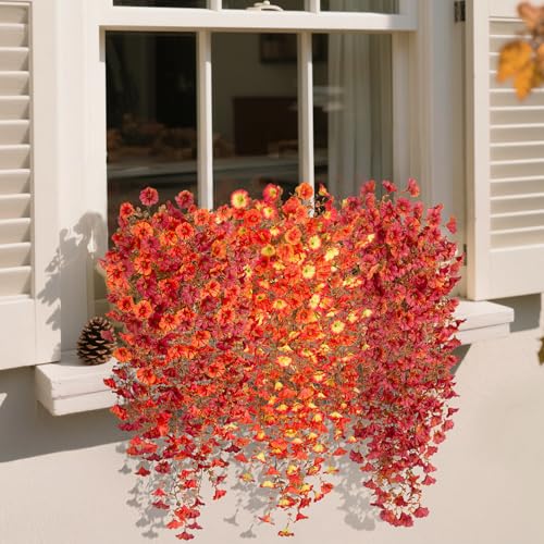 Hrobek Artificial Fall Hanging Flowers for Decoration, 2pcs Long Vine Fake Flowers Plants Morning Glory, Realistic Faux Petunias for Planter Patio Porch Garden Autumn Outdoors Dec, Orange Sunset - color: Z-orange Yellow