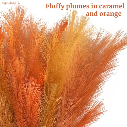 Agusbagli 8 Pcs Orange Faux Pampas Grass Decor 35“ Fluffy Fall Artificial Colored Pampas Grass Large Fake Pompous Grass Stems Tall Flower Arrangement Floor Vase Filler for Home Wedding Boho Decor - color: Orange & Caramel & Apricot