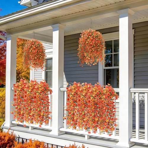 Hommyea Artificial Fall Fake Flowers for Outdoor, 2 Pcs Fake Mums Faux Hanging Flowers Outdoor Fall Decor, UV Resistant Silk Flower for Front Door Porch Planters Patio Yard Garden(Orange Sunset Red) - color: Orange Sunset Red