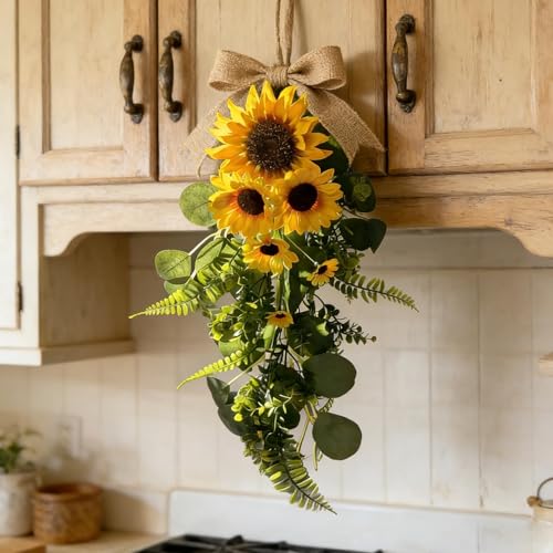 24in Artificial Sunflowers Teardrop Swag Spring Summer Sunflowers Floral Swag Wreath with Burlap Bow Fake Yellow Sunflower Garland for Front Door Indoor Outdoor Window Home Decor - color: Sunflower Swag