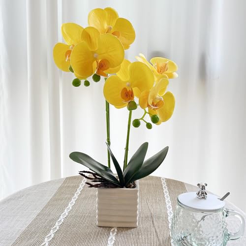 Artificial Orchids for Home Decor Indoor with Vase Orchids Artificial Flowers Yellow Orchid Height 14 inches - color: Yellow