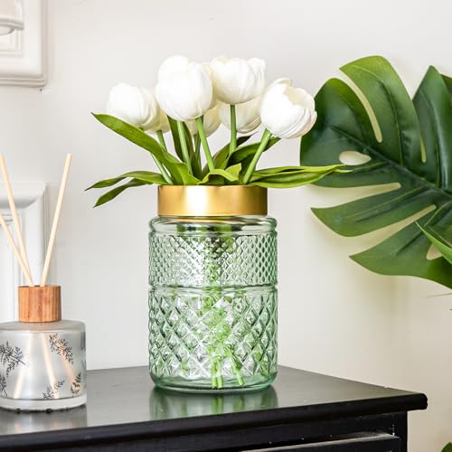 2-Pack Flower Vase Glass, 7.6 inch Green Fluted Vase with Golden Metal Top,Stylish Decorative for Tabletop Centerpiece, Kitchen,Living Room,Bedroom,Bathroom,Office - color: Green1