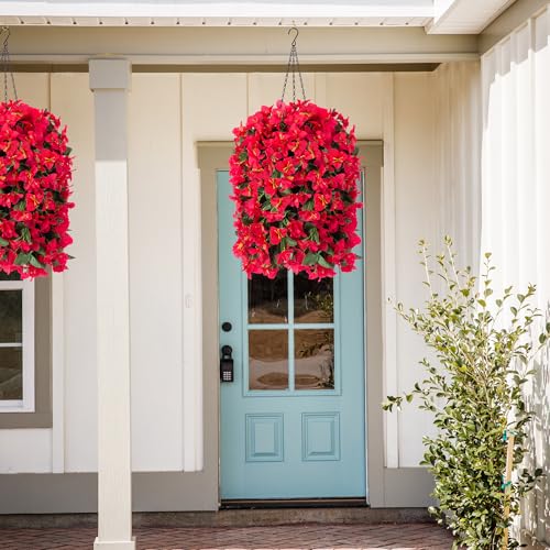 INSPRING Artificial Bougainvillea Faux Flowers Plants Baskets for Outdoor Outside Decoration, 3PCS Fake Silk Flowers Long Trailing Vines UV Resistant Realistic for Front Door Porch Patio (Red) - color: Red