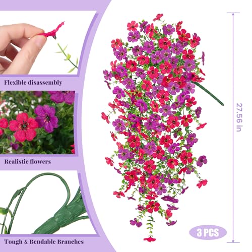 Artificial Fake Hanging Flowers Plants for Outdoor Spring Decoration,3 PCS Faux Silk Daisy with Boston Ferns,UV Resistant Look Real for Outside Home Indoor Planter Porch Patio Balcony Yard Decor - color: Rose Purple