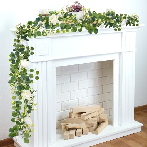 2 Pack Artificial Flower Garlands, 6 Ft Garland for Table Decor, Eucalyptus Garlands with White Roses Centerpieces Greenery Wedding Vines Garland for Backdrop Indoor Outdoor Decor