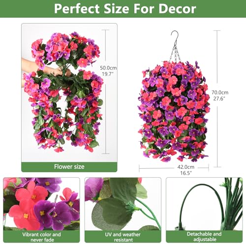 INQCMY Artificial Hanging Flowers Basket for Outdoor Summer Decoration,4pcs Faux Silk Begonia in Planter Look Real UV Resistant for Outside Home Porch Patio Balcony Yard Decor(Orchid Rose Red) - color: Orchid Rose Red