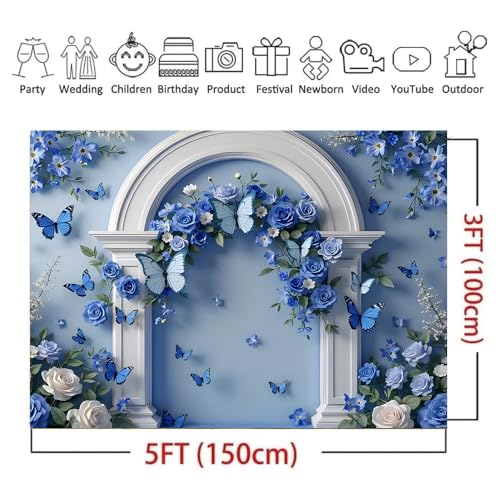Blue Flowers Butterfly White Arched Doorway Backdrops Light Blue Background Rose and Green Leaves Wedding Photography Backdrop Bridal Shower Wedding Anniversary Decorations Backdrop (A, 5 * 3feet) - color: A, size: 5*3feet