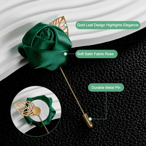 M METERXITY 1-Pack Flower Lapel Pins for Men, Golden Leaf Rose Boutonnieres Pin Groom Boutonnieres for Wedding/Dance/Party, Men Lapel Pins for Suits Satin Flower Corsage [Dark Green] - color: Dark Green