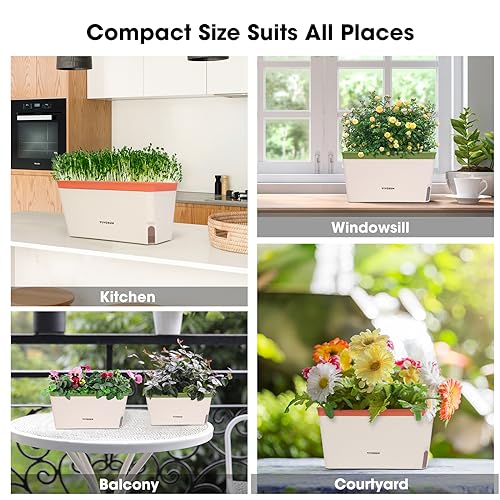 VIVOSUN Self-Watering Planters, 6-Pack 10.5 Inch Compact Rectangular Window Herb Planter Box with 10 PCS Plant Labels, Plant Container for Basil, Flowers, Succulents, Indoor & Outdoor - size: 6