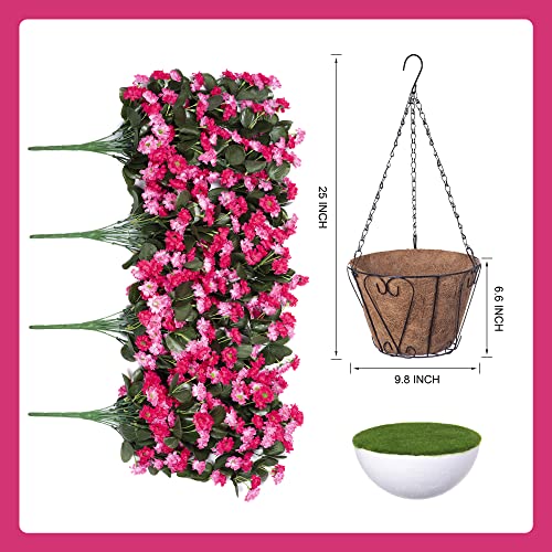 Ammyoo Artificial Flowers in Hanging Basket for Outdoors Spring Decor, Fake Mums Flowers Faux Plants with Basket for Indoors Home Porch Garden Yard Patio Decoration (Rose Red) - color: Rose Red