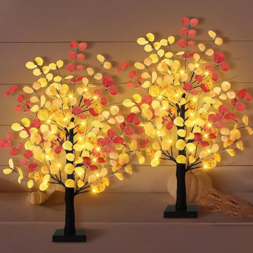 Uieke 24inch Artificial Fall Eucalyptus Tree Prelit 48 LED Tabletop Fall Tree with 12 Pumpkin Lights Battery Operated with Timer, Fall Decorations for Home Thanksgiving Halloween Decor - style: 24inch Fall Tree(2Pack)