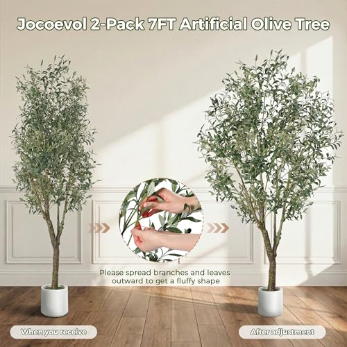 Jocoevol Olive Tree Artificial Indoor 7FT，Tall Faux Olive Tree with White Planter，Realistic Artificial Olive Tree Indoor with Natural Trunk and Lifelike Fruits for Home Office Living Room, 2 Pack - size: 7FTx2pcs