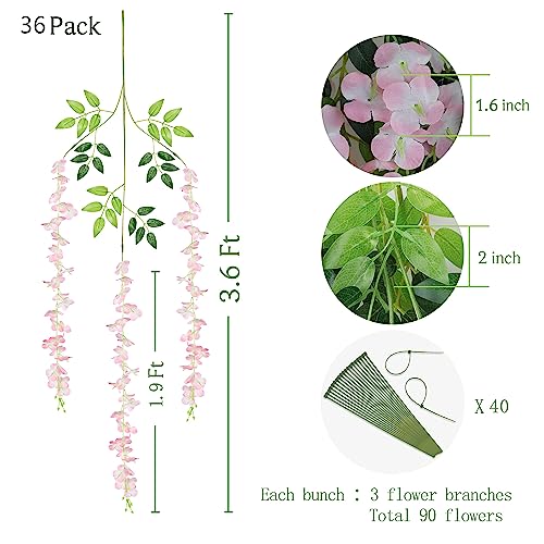 BLEUM CADE 36Pcs Pink Fake Wisteria Hanging Flowers, 3.6Ft/Pcs Artificial Wisteria Garland, Hanging Flowers for Wedding Party Home Backdrop Wall Decoration - color: Pink, size: 36pcs