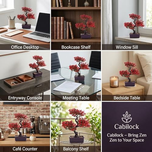 Cabilock Artificial Bonsai Tree Decor, 14.17 Inch Small Fake Plant in Pot, Faux Potted Bonsai Tree for Home Office Desk, Men Living Room Shelf, Bathroom, Bedroom and Zen Japanese Room Decor - color: Red