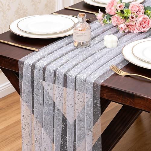 10 Ft White Silver Gauze Table Runner 120 Inch Glitter Metallic Foil Sheer Tulle Cheesecloth Table Runner Sequin Bridal Wedding Birthday Anniversary Christmas Dining Home Decor for Party - color: White Silver, size: 10 ft × 1 pc