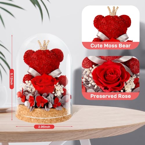 Preserved Rose Flowers Gifts for Her, Real Forever Rose in Glass Dome with Adorable Bear for Girlfriend,Mom,Wife,Grandma on Birthday Anniversary Valentine's Day (Red) - color: Red