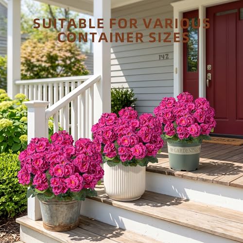 Geraniums Artificial Flowers for Outdoors, 2 Pack Potted Plants Fake Geranium Bush Realistic Fake Flowers UV Resistant Faux Flowers for Outdoor Planters Outside Gardens Front Door Yard Indoor, Fuchsia - color: Fuchsia