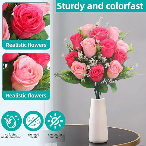 Artificial Rose Bouquets Fake Roses Flowers Set of 4 Realistic Silk Flowers for Cemetery Headstone Home Wedding Decoration UV Resistant No-Fading(Pink) - color: Pink