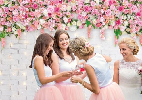 10X8FT White Brick Wall Flowers Backdrop Spring Theme Photography Background for Mother's Day Valentine Wedding Bridal Baby Shower Birthday Party Decor Banner Portrait Photo Booth Prop DH-270 ﻿ - size: 10X8FT