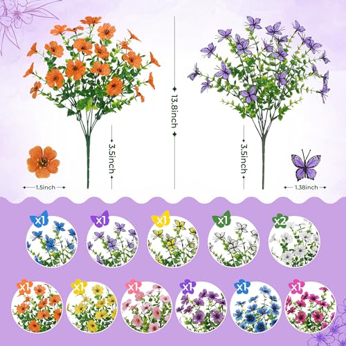 Der Rose 12Pcs Artificial Flowers for Outdoors, 8Pcs Silk Fake Flowers with 4Pcs Lifelike Butterfly Flowers, UV Resistant Faux Flowers for Outdoor Planters Window Boxes Patio Porch Garden Decoration - color: Multi-color C