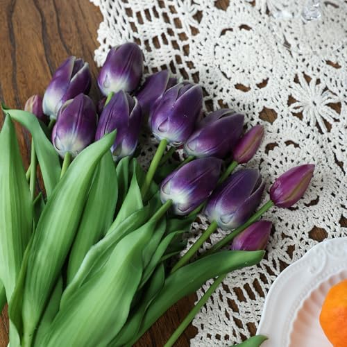 mizii 15Pcs Purple Tulips Artificial Flowers Latex Plastic Real Touch Fake Tulips Flowers Look Real Faux Tulip Flower Bouquet Decoration for Vase Room Table Centerpieces Home Decor (Dark Purple) - color: Dark Purple