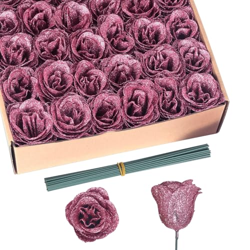 Glitter Roses Bouquet,30PCS Rose Gold Flowers Artificial Roses with Stems for Wedding Bouquet Party Christmas Home Decor(Rose Gold) - color: Rose Gold