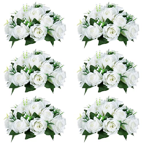NUPTIO White Flower Centerpieces for Tables: Artificial Flower Ball | 6 Pcs 9.5 inch Fake Floral Rose Arrangement for Wedding Birthday Party Bridal Shower Decorations - color: White, size: 6 Pcs