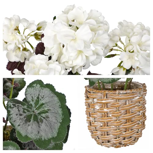 Briful Artificial White Geranium Flowers in Woven Basket, 11’’ Tall Silk Flower Arrangement, Realistic Geraniums Artificial Outdoor Plants for Home Indoor Farmhouse Table Wedding Centerpiece Decor - color: 11'' Tall White, Woven Basin