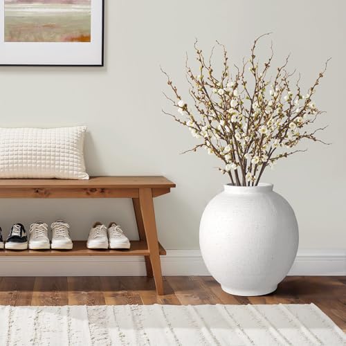 11" White Ceramic Vase, Rustic Farmhouse Living Room Home Decor | Artisan Handcrafted Large Ceramic Vase,Round Ceramic Flower Vase - size: 11.1Inch