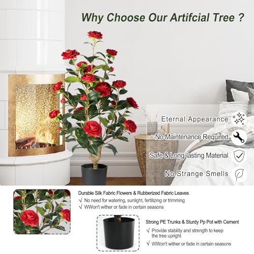 Artificial Camellia Tree 2 Pack - Realistic Camellia Plants in Pot with Red Flowers, Lifelike Faux Greenery for Living Room, Patio, or Wedding, Red - color: Red