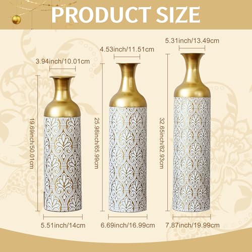 Tall Floor Vases Set of 3 for Decor Living Room Floor, White Vases Home Decor, Embossed Body Pattern, Geometric Cylinder (Gold 11) - color: Gold 11