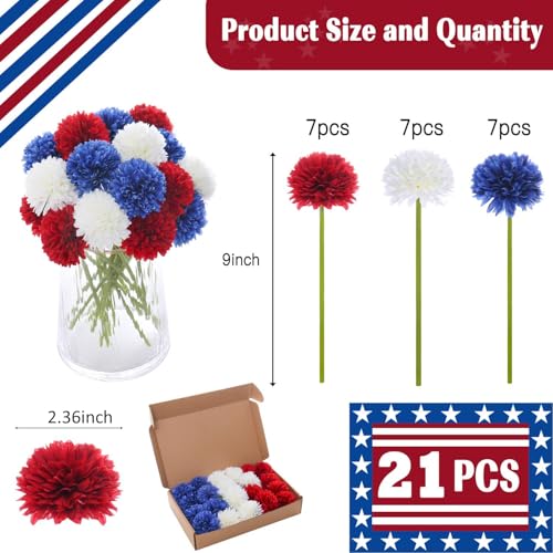 Kimura's Cabin 21Pcs Chrysanthemum Patriotic Flower 4th of July Artificial Flowers Faux Silk Mums with Stem Balls Flowers for Home Table Centerpieces DIY Decor Memorial Day Decoratio Red White Blue - color: Red White Blue