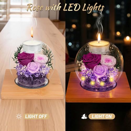 ENERLEAF Preserved Purple Real Rose in Glass with Scented Candles – Forever Flower Romantic Anniversary Christmas Birthday Valentines for Mom, Women, Wife, Girlfriend, Her, Grandma - color: Glass-purple