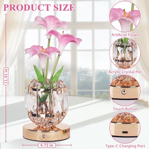 Flower Table Lamp, 3-Color Dimmable Artificial Flowers Night Light, Rechargeable Cordless Small Desk Lamp, Morning Glory with Crystal Vase for Party Date Home Decoration (Pink - Morning Glory) - color: Pink - Morning Glory