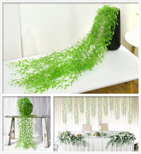 Artificial Hanging Vines Fake Ivy Green 10, Pack Plastic Stems Greenery Faux Weeping Willow Plants Leaves Vine for Wedding Party Indoor Outdoor Home Decor Garden Balcony Patio Planter DIY Decorations - color: Willow Branches - Green 10 Pack